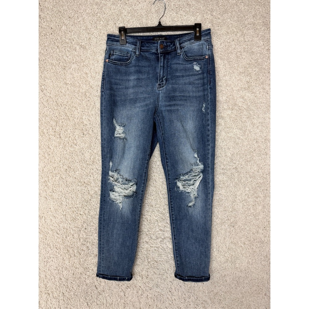 Judy Blue Boyfriend Fit Jeans Womens 28 Blue Denim High Rise Distressed Stretch